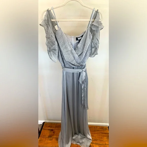 DKNY Tie-Waist Cold-Shoulder Gown - Grey - Size 12
